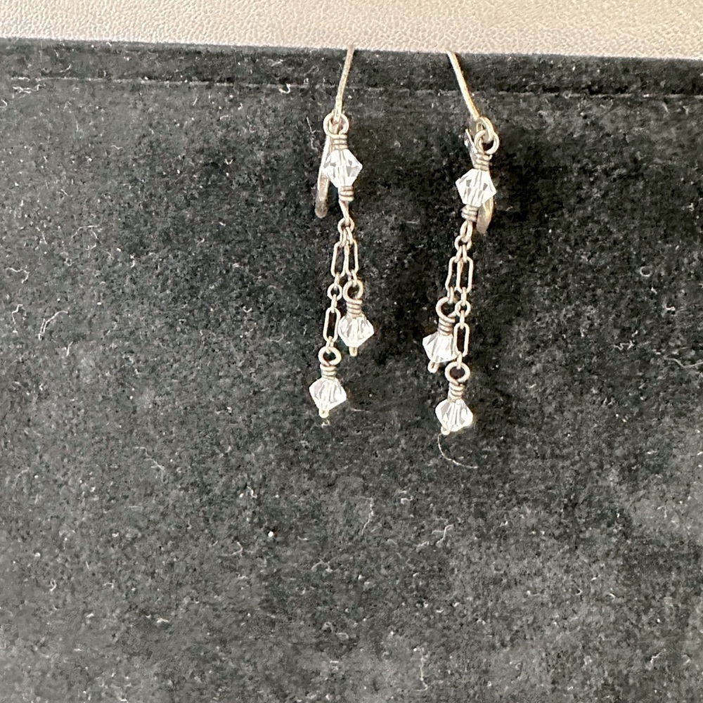 Vintage Dabby Reid Pierced earrings with 3 clear faceted beads dangling 1”
